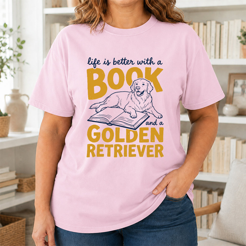 Life Is Better With A Book And A Golden Retriever Softstyle T-Shirt | Book Lover Gift Light Pink