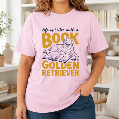 Life Is Better With A Book And A Golden Retriever Softstyle T-Shirt | Book Lover Gift Light Pink