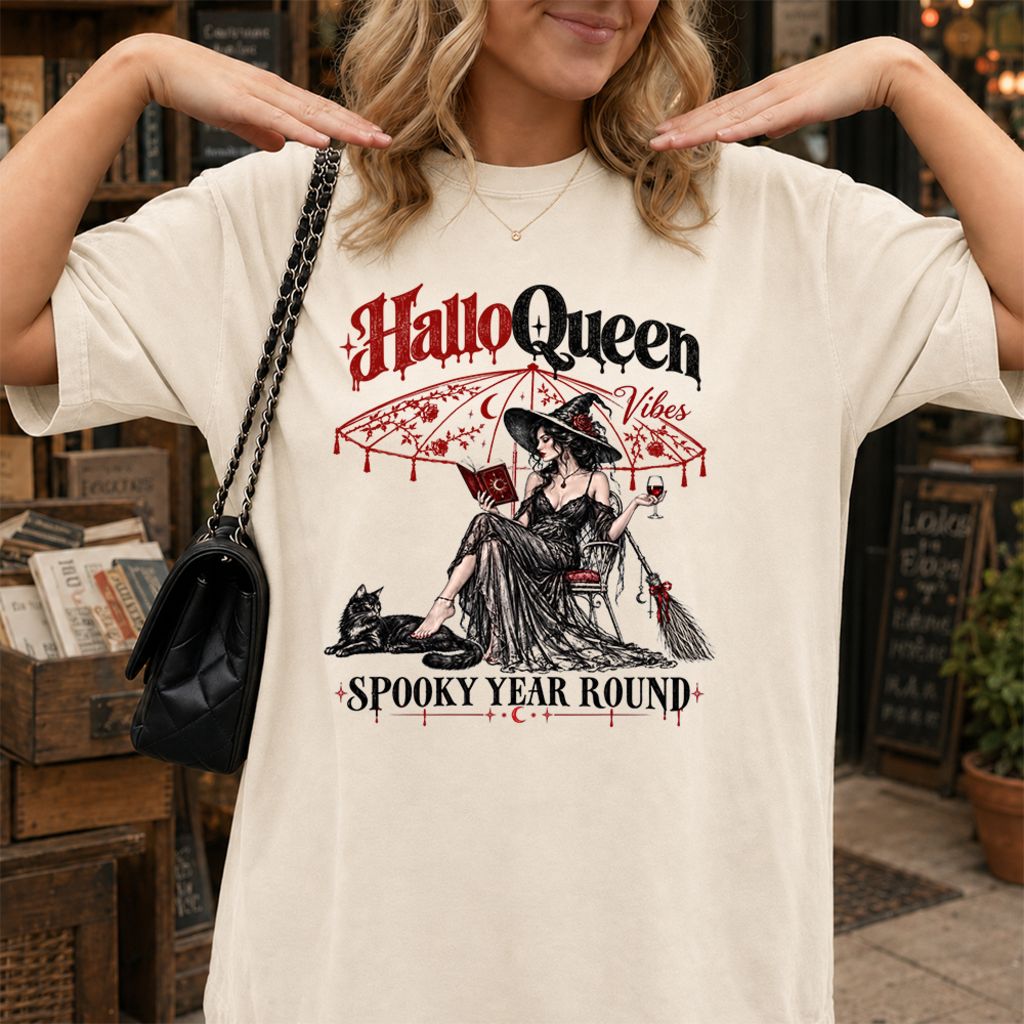 Halloqueen Spooky Year Round Printed T-Shirt | Halloween Book Lover Gift Natural