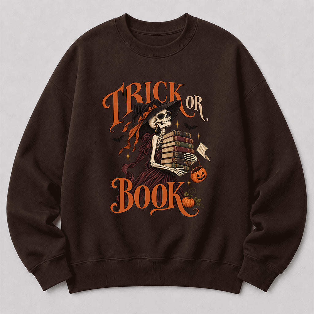 Trick Or Book Printed Sweatshirt | Halloween Book Lover Gift Dark Chocolate