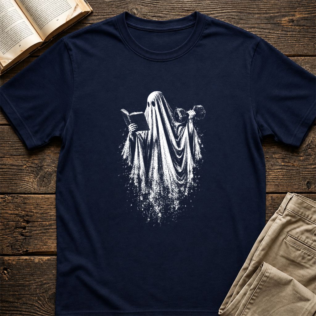 Reading Gym Ghost Printed T-Shirt | Halloween Book Lover Gift Navy