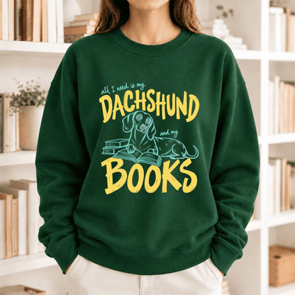 All I Need Is My Dachshund And My Books Softstyle Sweatshirt | Gift Forest Green