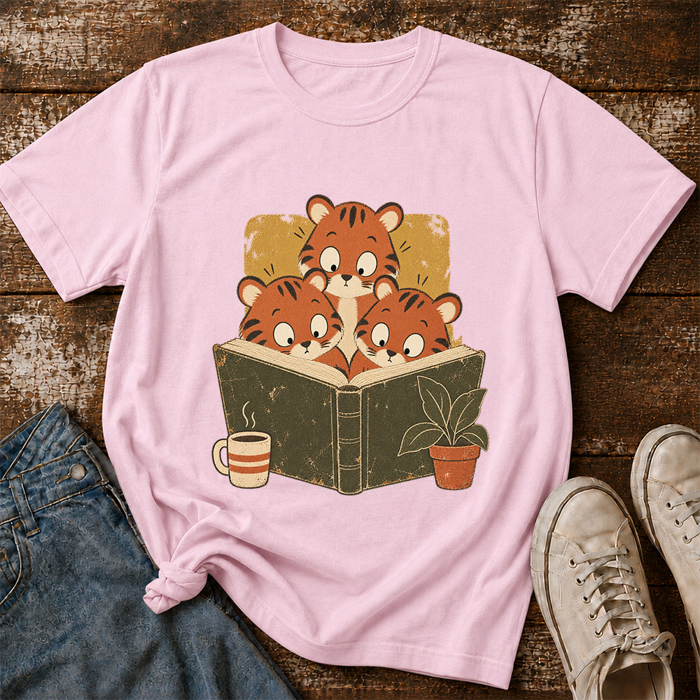 Minimal Japanese Tigers Reading Softstyle T-Shirt | Book Lover Gift Light Pink
