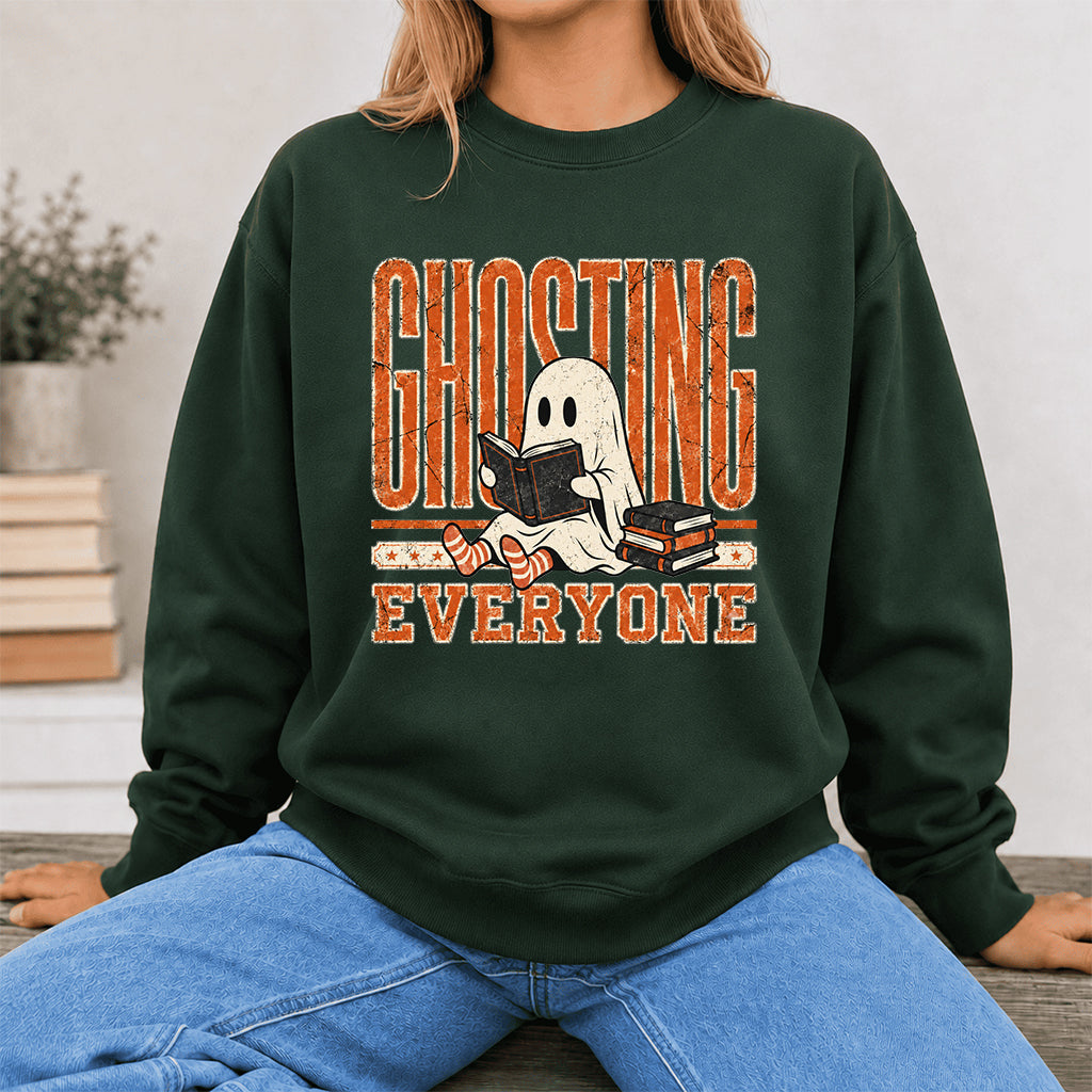 Ghosting Everyone Printed Sweatshirt | Halloween Book Lover Gift Forest Green