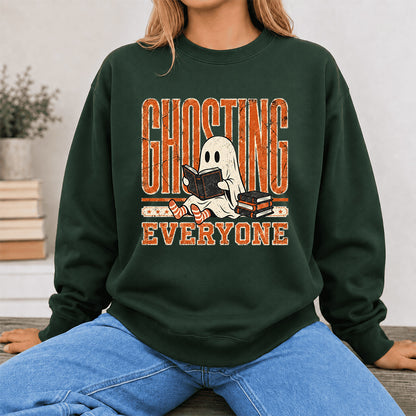 Ghosting Everyone Printed Sweatshirt | Halloween Book Lover Gift Forest Green
