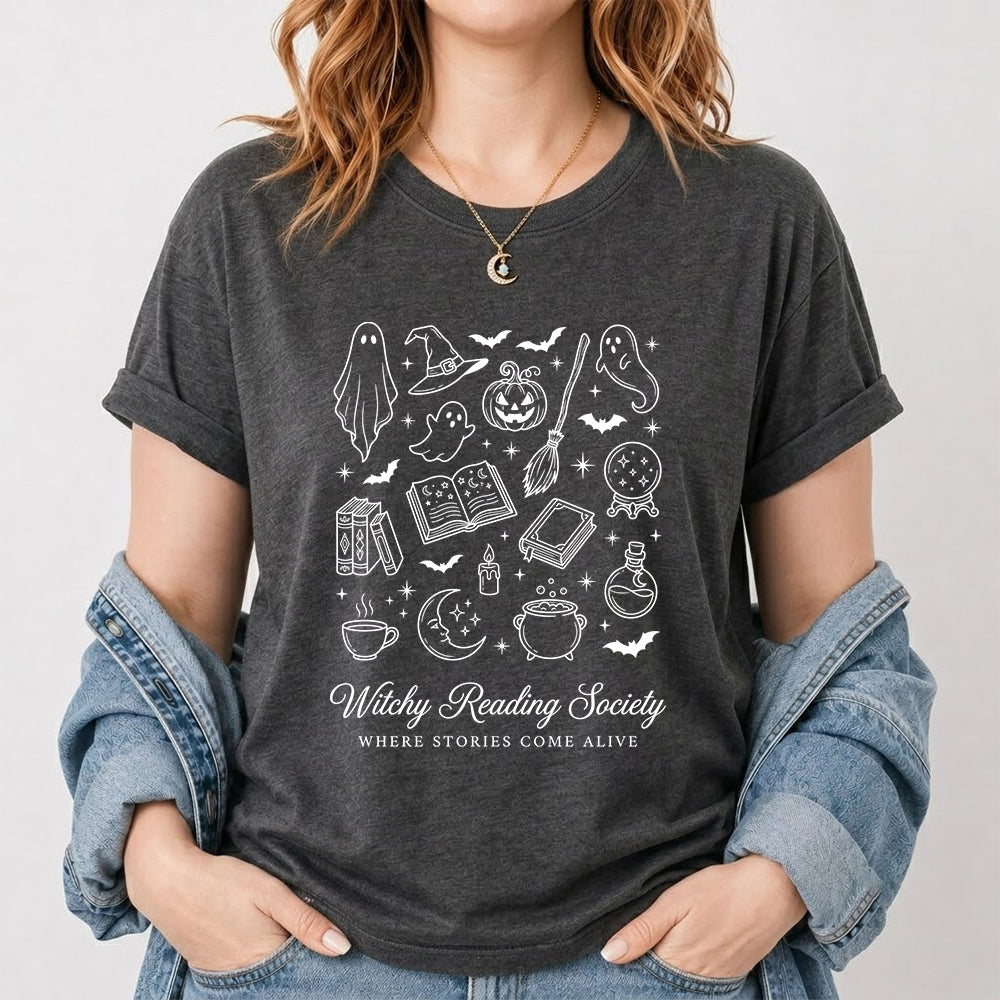 Witchy Reading Society Printed T-Shirt | Halloween Reader Gift Dark Heather