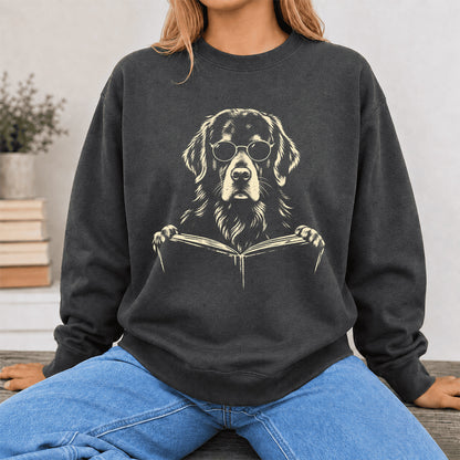 Golden Retriever Reading Book Crewneck Sweatshirt | Reader Gift Dark Heather