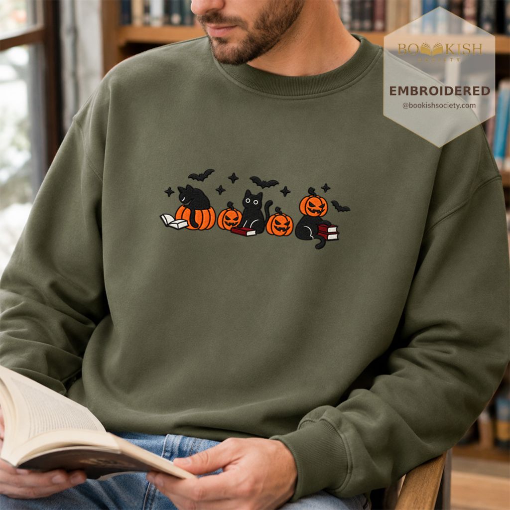 Black Cats And Halloween Embroidered Sweatshirt | Spooky Book Lover Gift Military Green