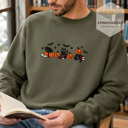 Black Cats And Halloween Embroidered Sweatshirt | Spooky Book Lover Gift Military Green