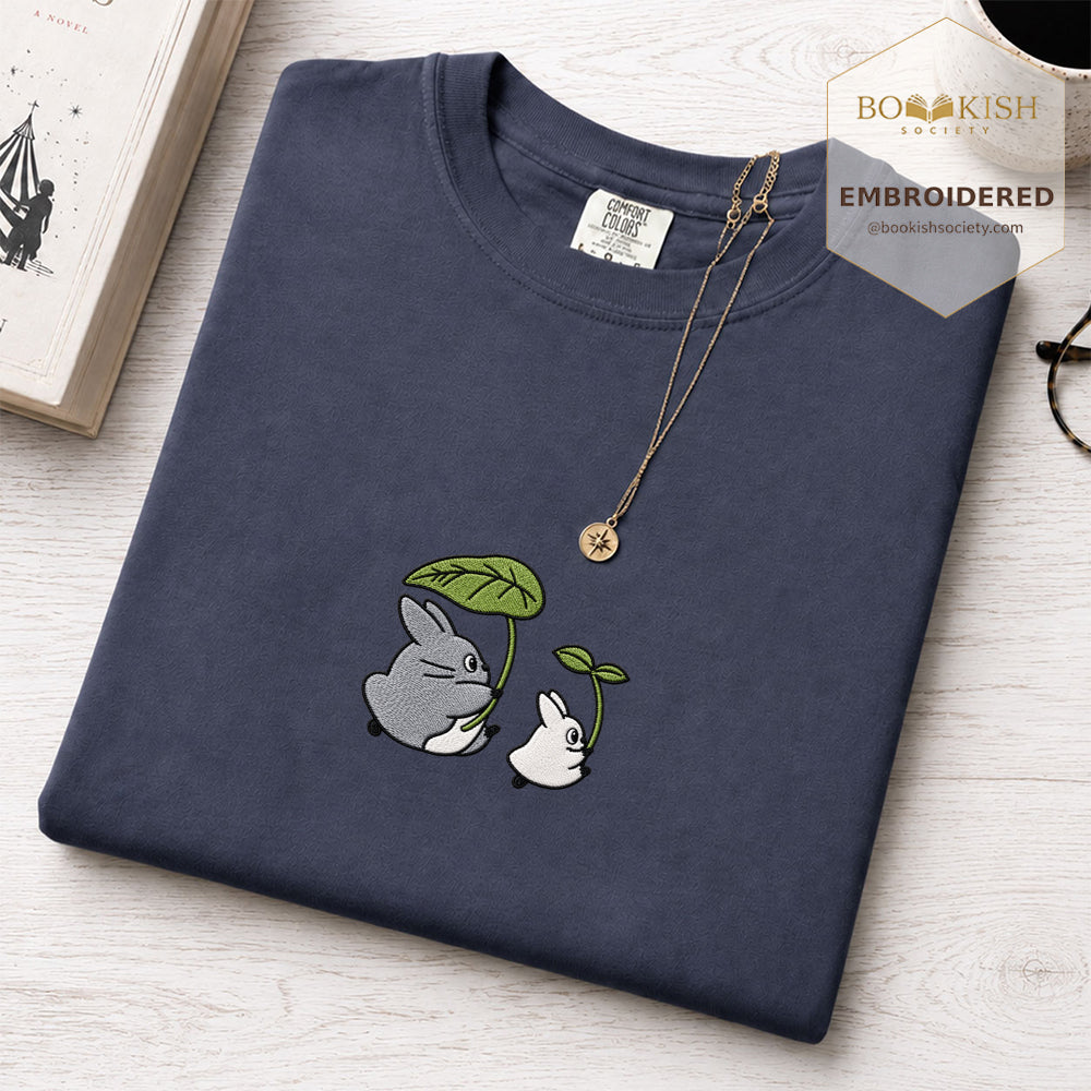 Embroidered Forest Spirits and Flowers Comfort Color® T-shirt Book Lover Gift Navy