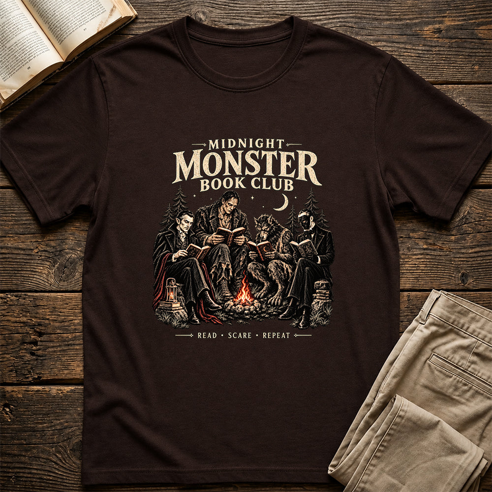 Midnight Monster Book Club Printed T-Shirt | Halloween Book Lover Gift Dark Chocolate
