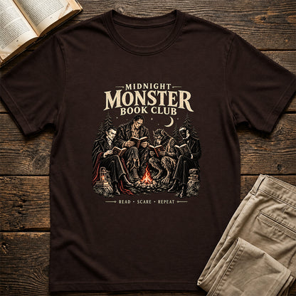 Midnight Monster Book Club Printed T-Shirt | Halloween Book Lover Gift Dark Chocolate