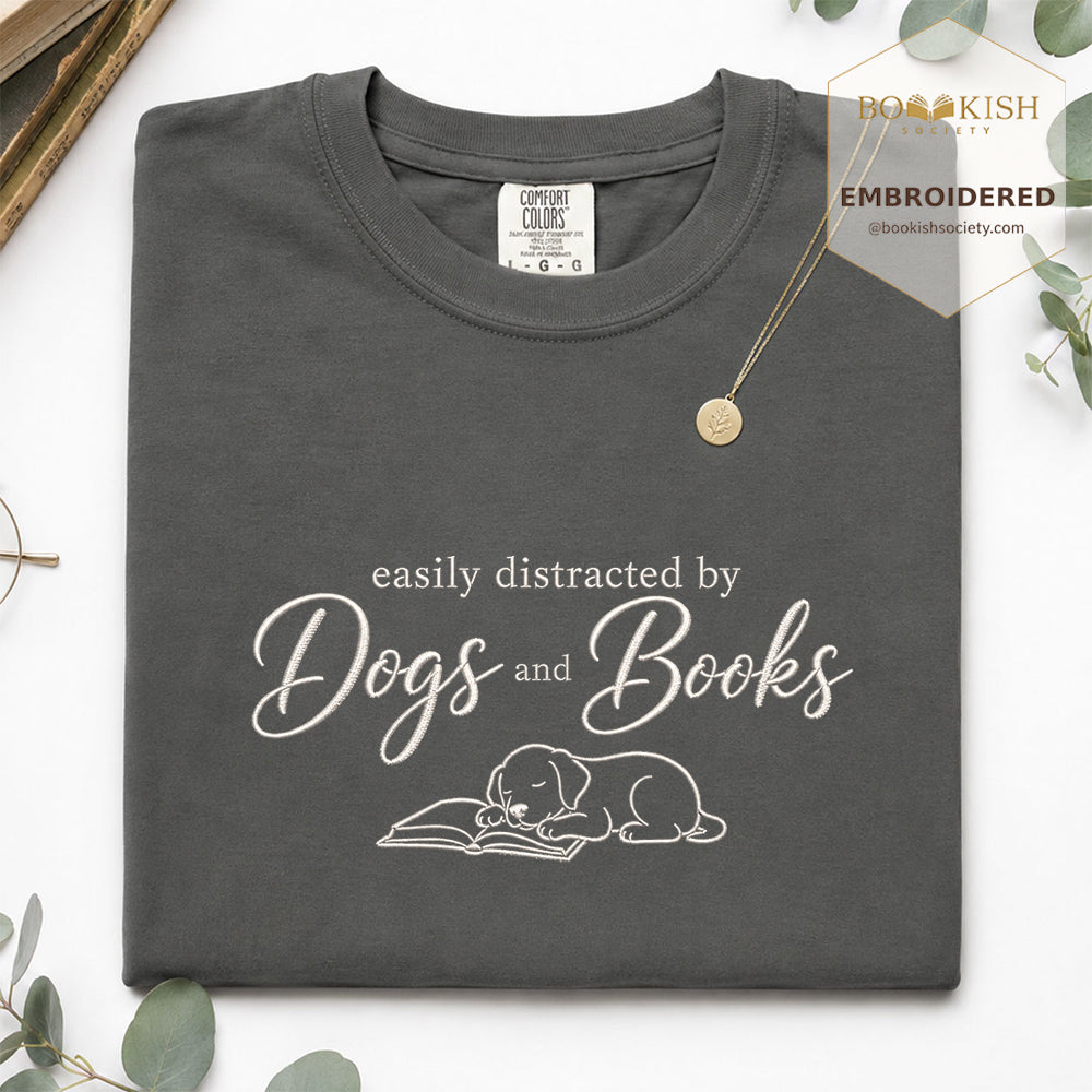 Easily Distracted By Dogs And Books Embroidered Comfort Color® T-shirt | Book Lover Gift Pepper