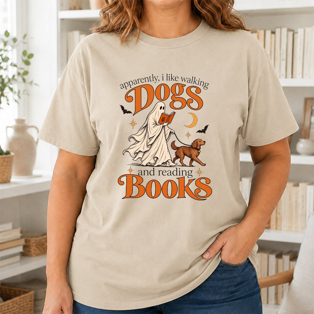Apparently I Like Walking Dogs And Reading Books Printed T-Shirt | Halloween Dog Lover Reader Gift Sand
