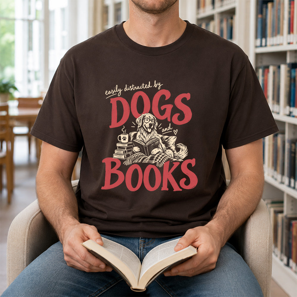 Easily Distracted By Dogs And Books Softstyle T-Shirt | Book Lover Gift Dark Chocolate
