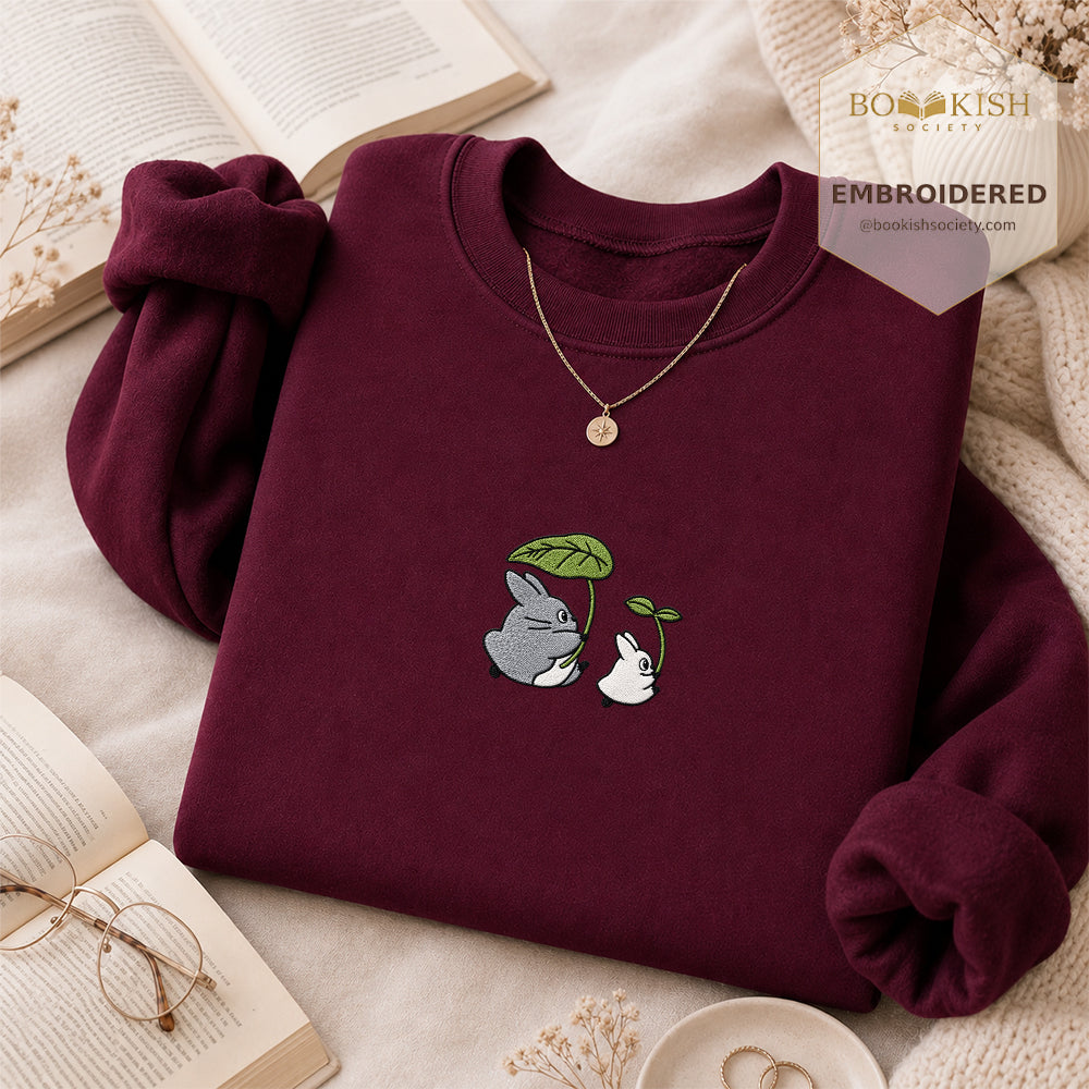 Forest Spirits and Flowers Embroidered Sweatshirt | Reader Gift Maroon