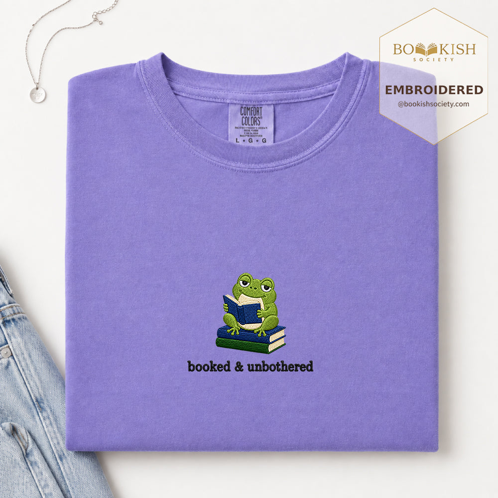 Booked and Unbothered Embroidered Comfort Color® T-shirt | Book Lover Gift Violet