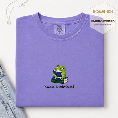 Booked and Unbothered Embroidered Comfort Color® T-shirt | Book Lover Gift Violet