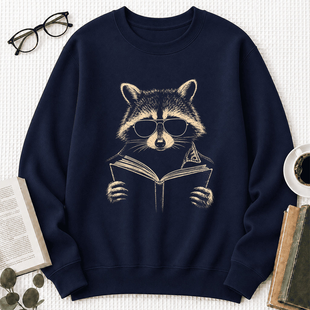Raccoon Reading Book Crewneck Sweatshirt | Reader Gift Navy