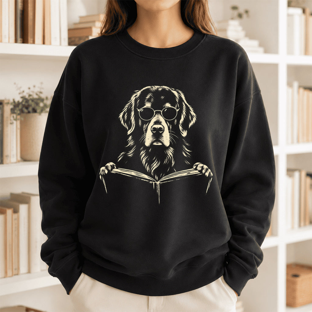 Golden Retriever Reading Book Crewneck Sweatshirt | Reader Gift Black