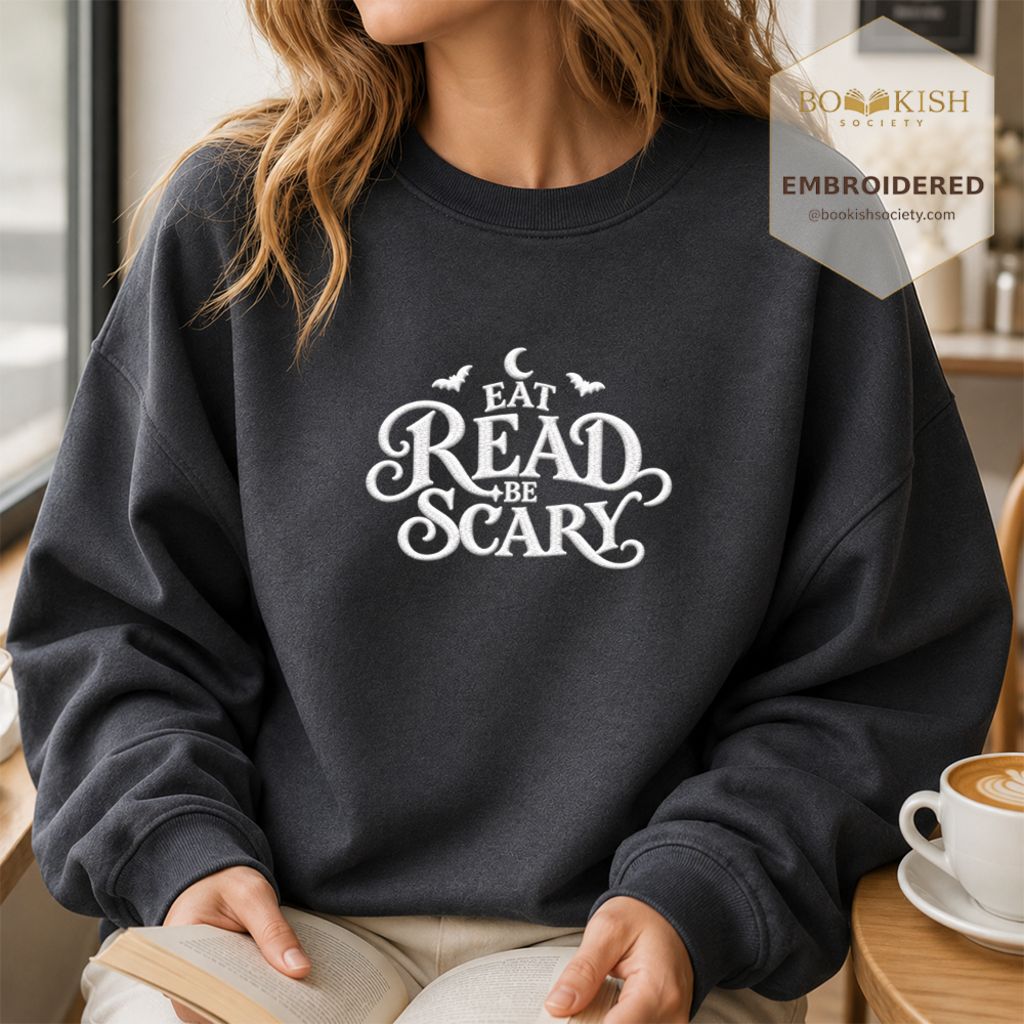 Eat Read Be Scary Embroidered Sweatshirt | Halloween Book Lover Gift Dark Heather