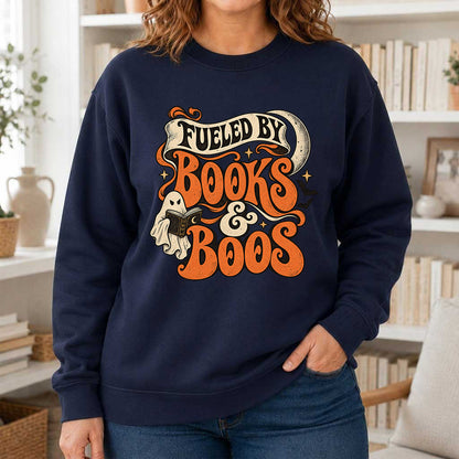 Fueled By Books & Boos Printed Sweatshirt | Halloween Book Lover Gift Navy