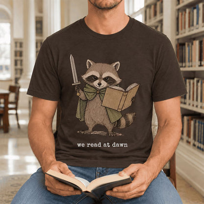 We Read At Dawn Funny Racoon Ultra-Soft Cotton T-Shirt | Playful Reader Gift Brown