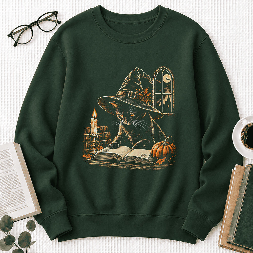 Reading Black Cat Witch Printed Sweatshirt | Halloween Book Lover Gift Forest Green