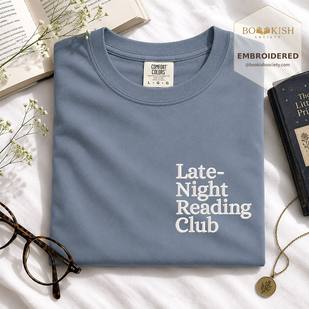 Late Night Reading Club Embroidered Comfort Color® T-shirt | Book Lover Gift Blue Jean