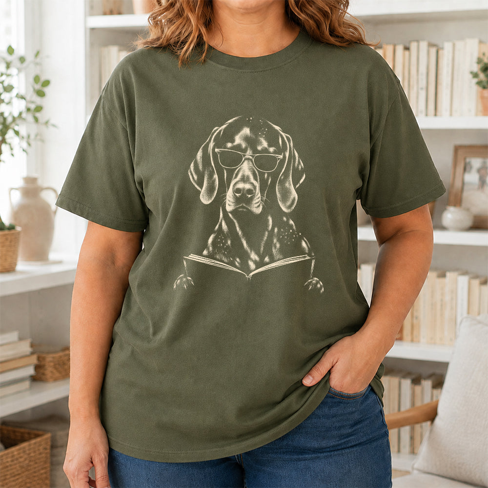 German Shorthaired Pointer Reading Book Softstyle T-Shirt | Book Lover Gift Military Green