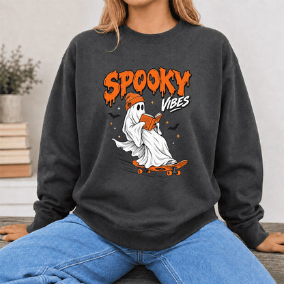 Spooky Vibes Printed Sweatshirt | Halloween Reader Gift Dark Heather
