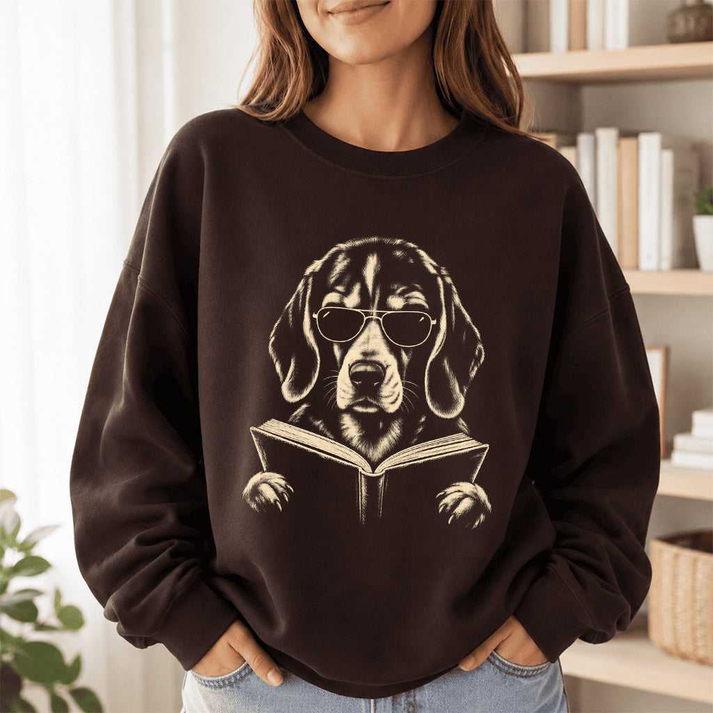 Beagle Reading Book Crewneck Sweatshirt | Reader Gift Dark Chocolate