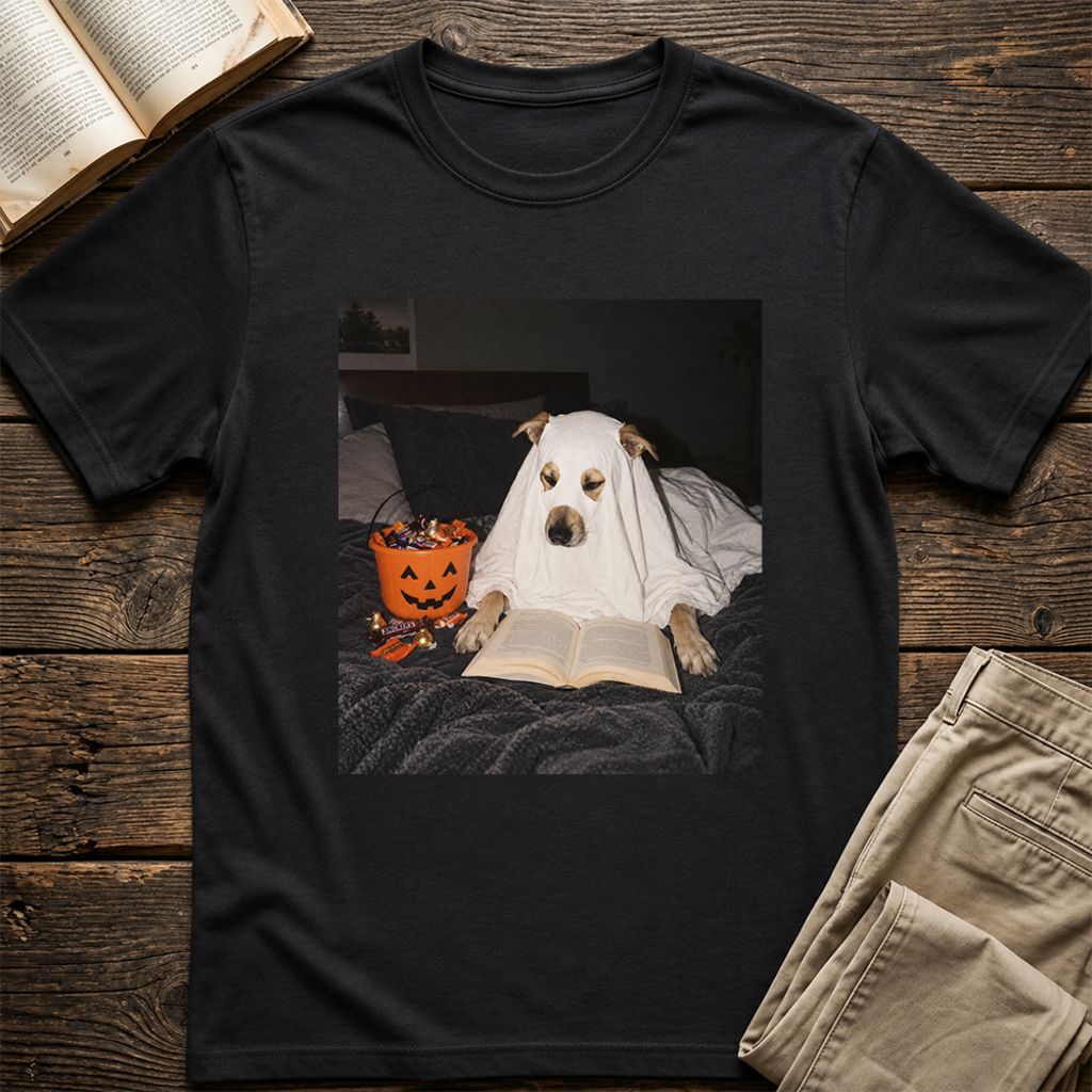 Cute Reading Ghost Dog Printed T-Shirt | Halloween Book Lover Gift Black