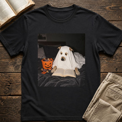 Cute Reading Ghost Dog Printed T-Shirt | Halloween Book Lover Gift Black