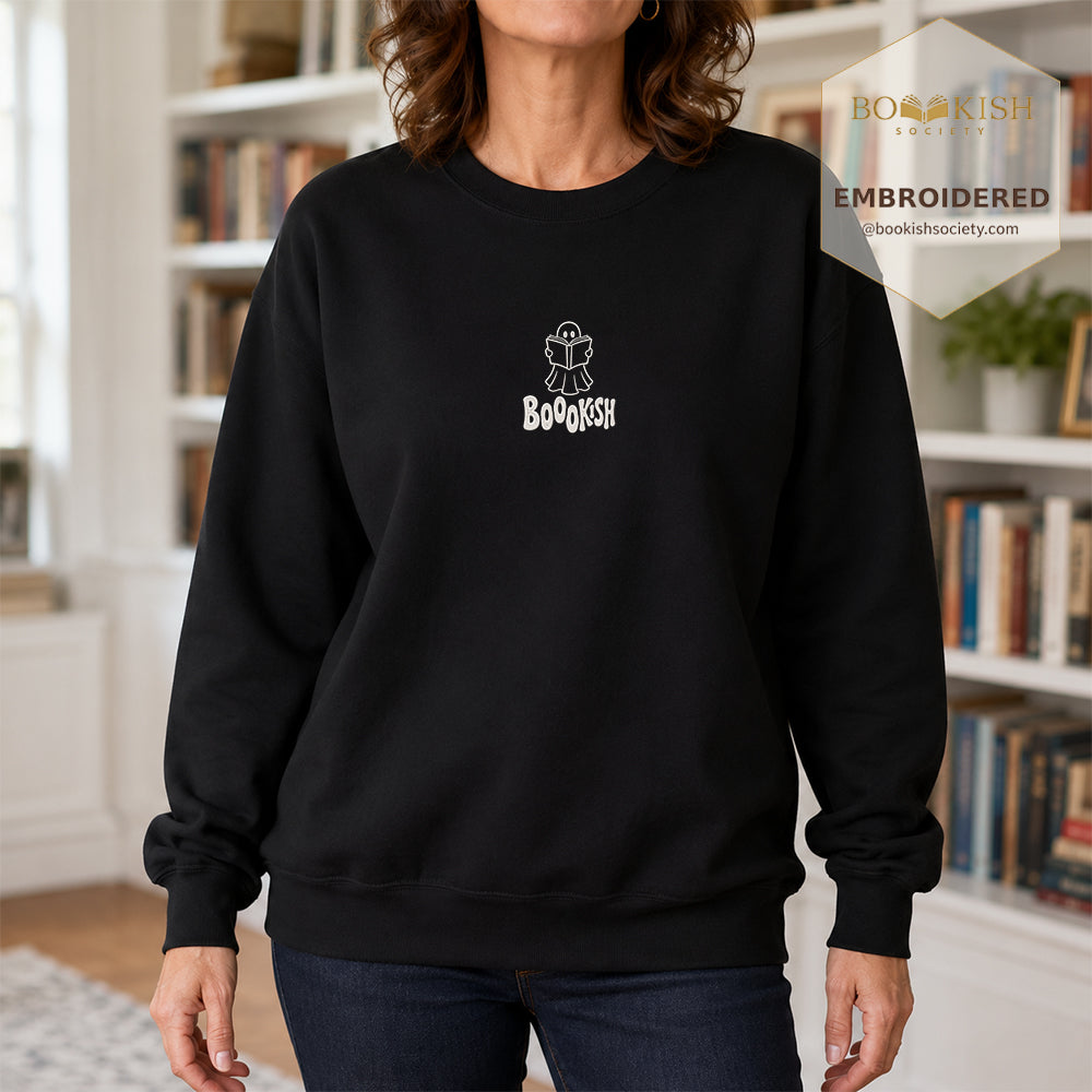 Bookish Ghost Embroidered Sweatshirt | Halloween Book Lover Gift Black