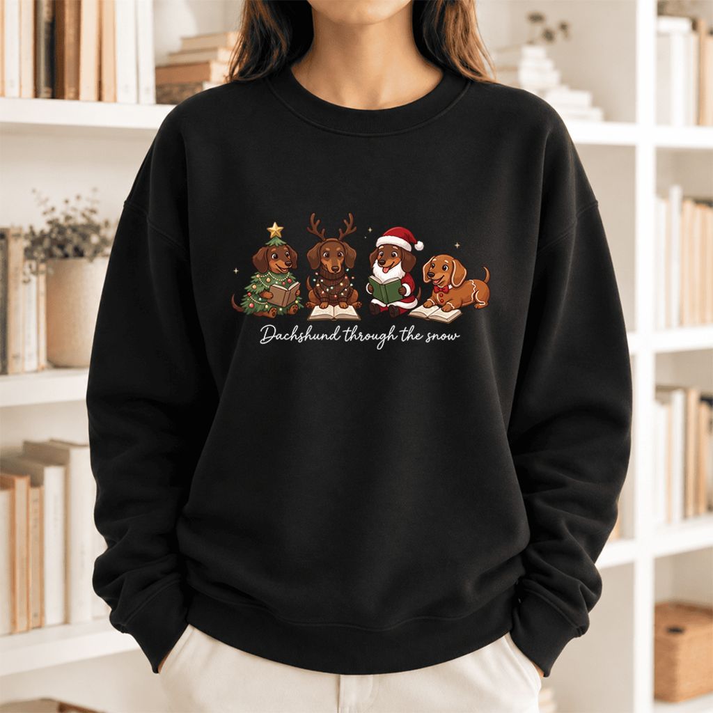 Dachshund Through The Snow Softstyle Sweatshirt | Christmas Book Lover Gift Black