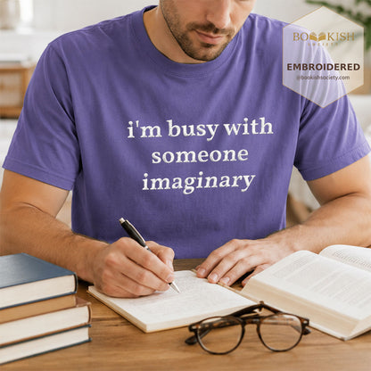 Embroidered I’m Busy With Someone Imaginary Comfort Color® T-shirt Book Lover Gift Grape