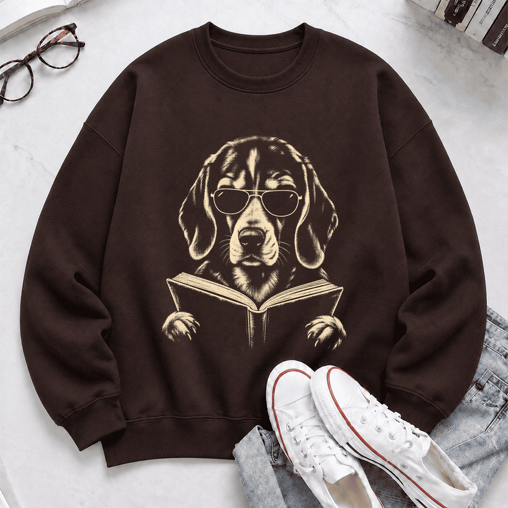 Beagle Reading Book Crewneck Sweatshirt | Reader Gift Dark Chocolate