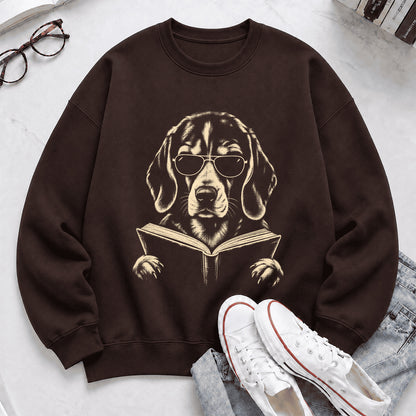 Beagle Reading Book Crewneck Sweatshirt | Reader Gift Dark Chocolate