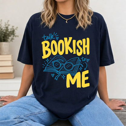 Talk Bookish To Me Cotton T-Shirt | Book Lover Gift Navy