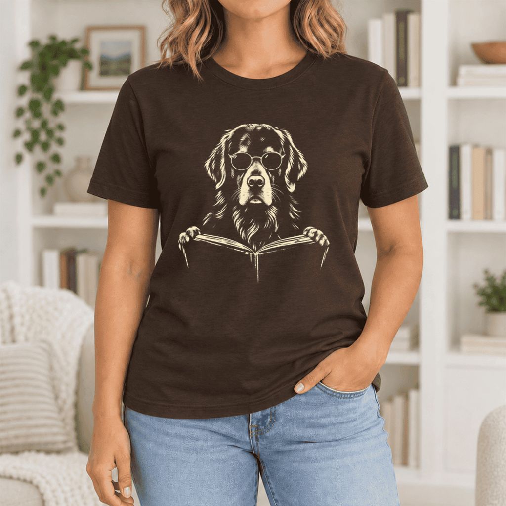 Golden Retriever Reading Book Ultra-Soft Cotton T-Shirt | Dog Mom Reader Gift Brown