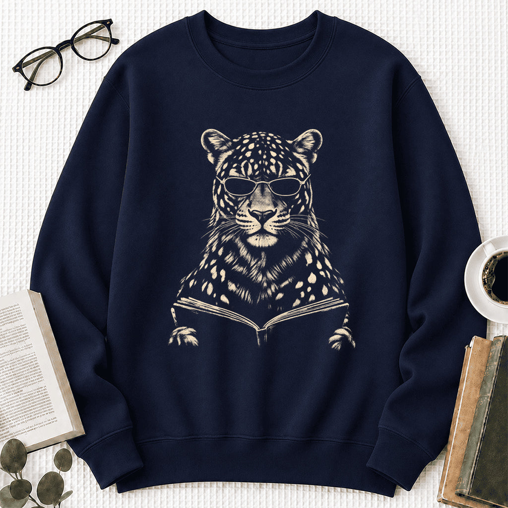Leopard Reading Book Crewneck Sweatshirt | Reader Gift Navy