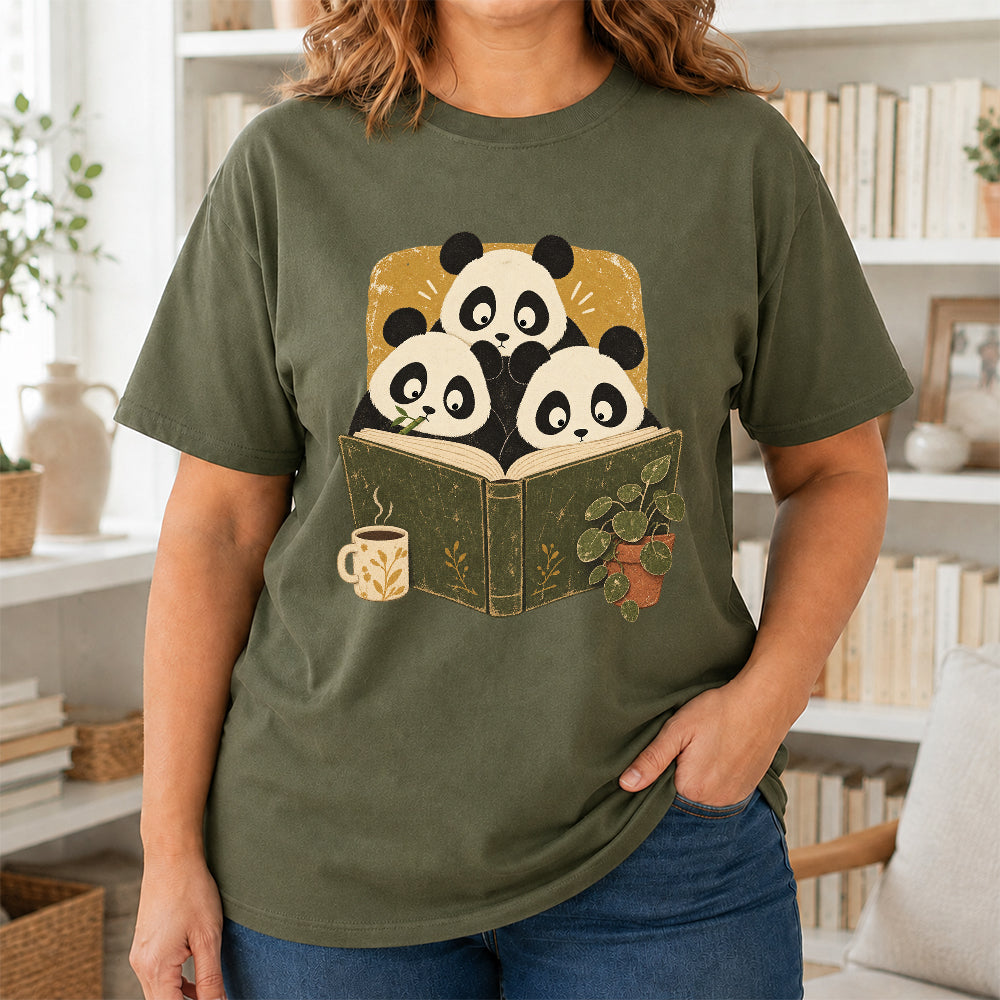 Minimal Japanese Pandas Reading Softstyle T-Shirt | Book Lover Gift Military Green