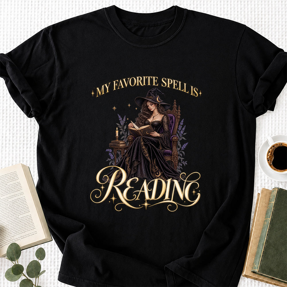 My Favorite Spell Is Reading Printed T-Shirt | Halloween Fantasy Book Lover Gift Black