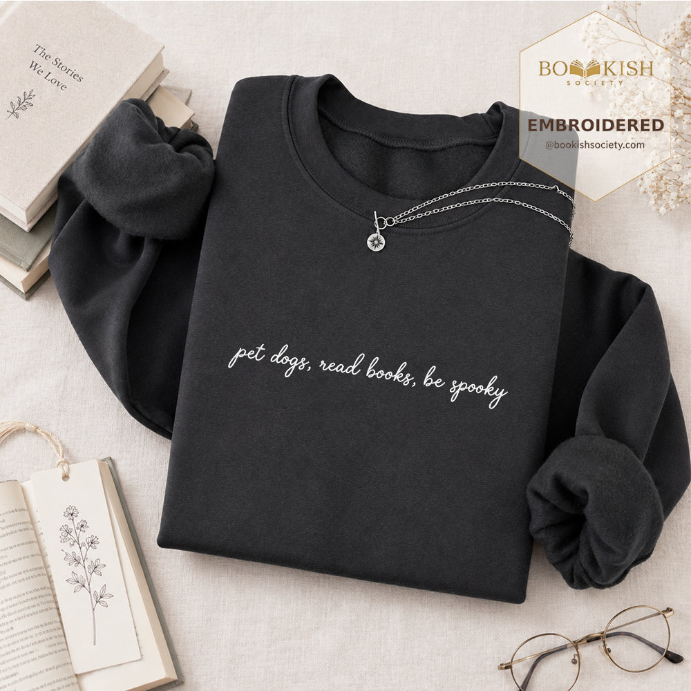 Pet Dogs, Read Books Embroidered Sweatshirt | Halloween Reader Gift Dark Heather