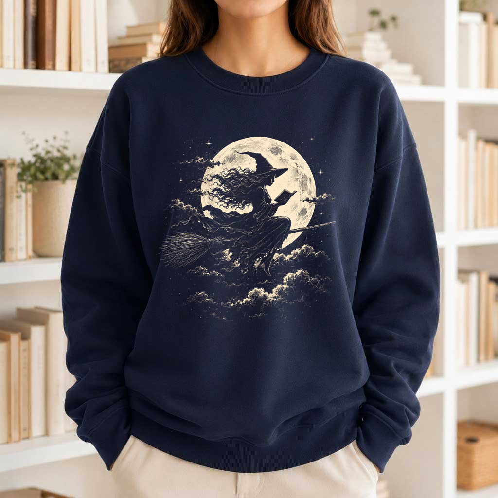 Reading Witch On The Flying Broom Printed Sweatshirt | Halloween Reader Gift Navy