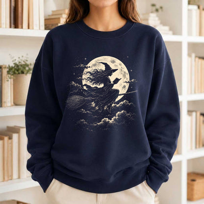 Reading Witch On The Flying Broom Printed Sweatshirt | Halloween Reader Gift Navy