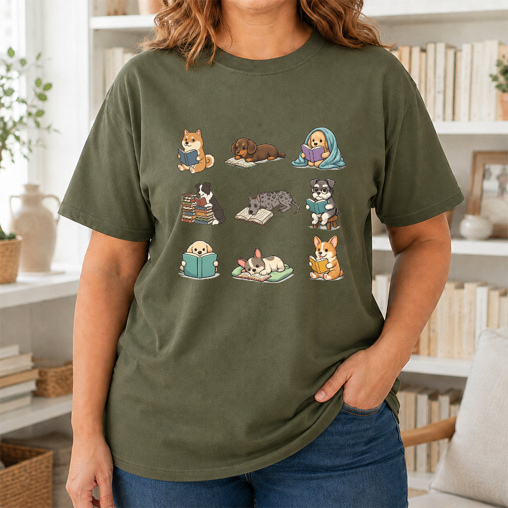 Funny Dogs Reading Softstyle T-Shirt | Book Lover Gift Military Green