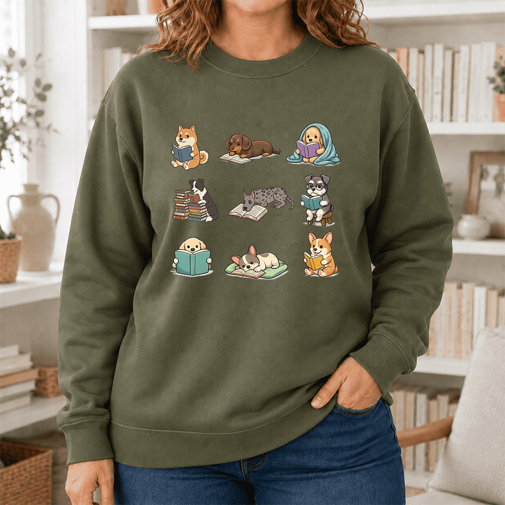 Funny Dogs Reading Crewneck Sweatshirt | Reader Gift Military Green