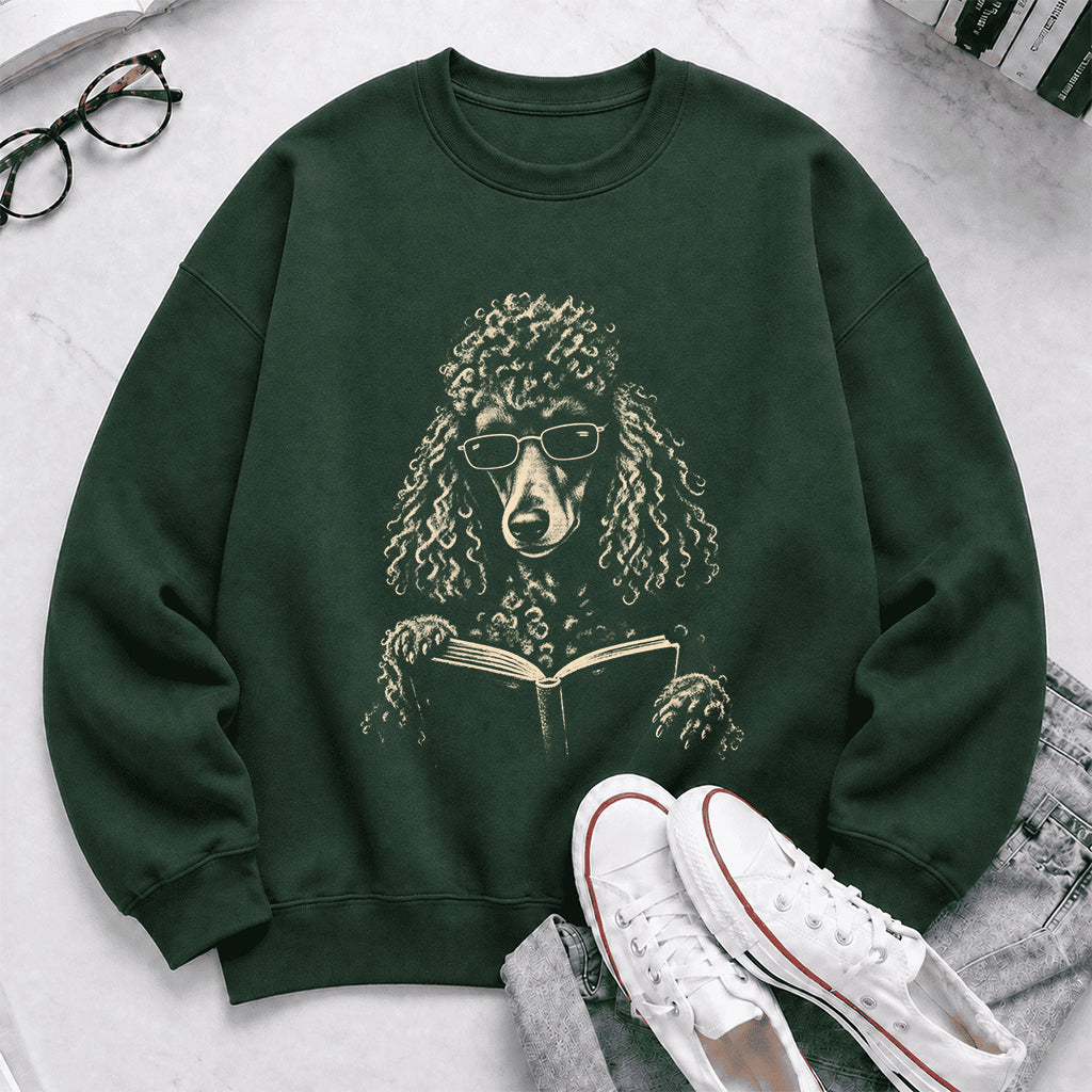Poodle Reading Book Crewneck Sweatshirt | Reader Gift Forest Green